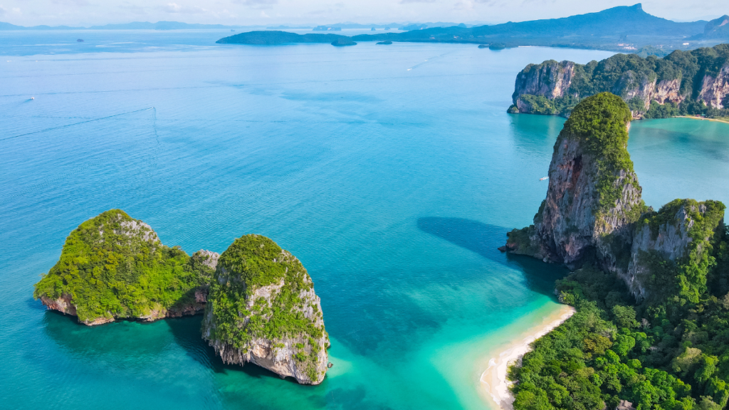 Aerial shot of karst formations in the Andaman Sea at Railay Beach in Krabi